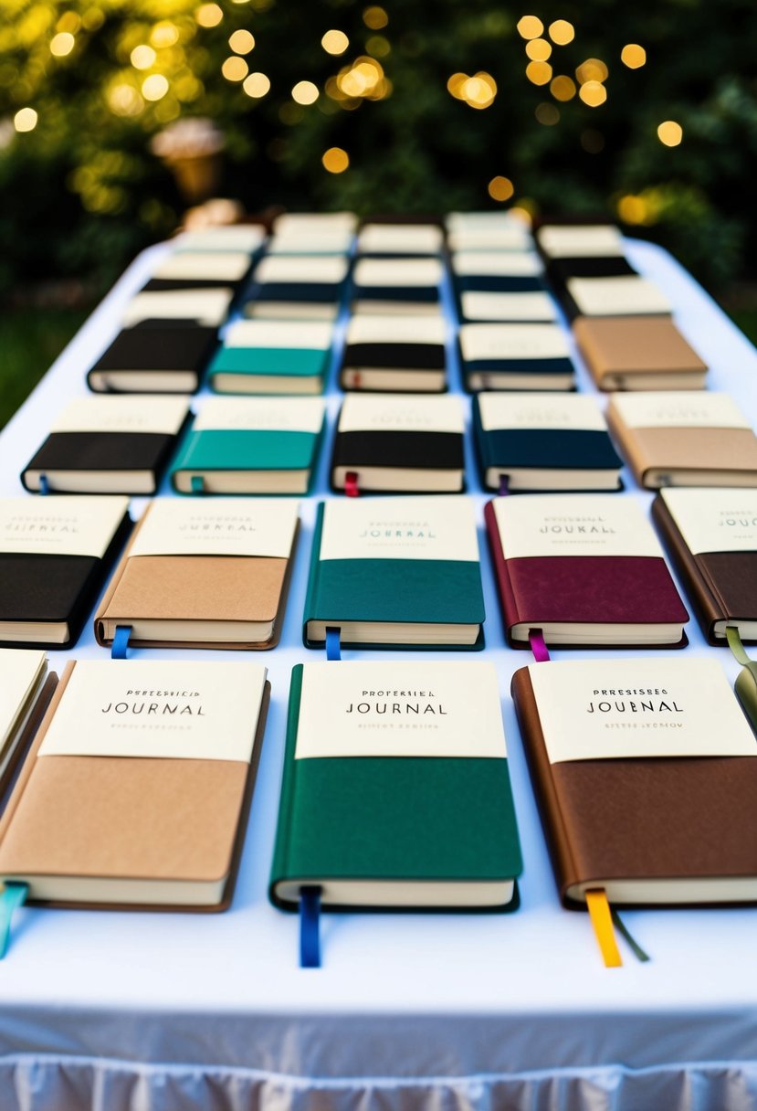 A table with rows of personalized journals, each with a different cover design, displayed as small gift ideas for wedding guests