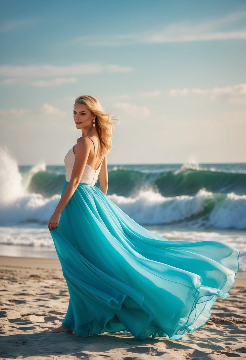 A flowing chiffon skirt dress billows in the ocean breeze, set against a backdrop of crashing waves and a sandy beach