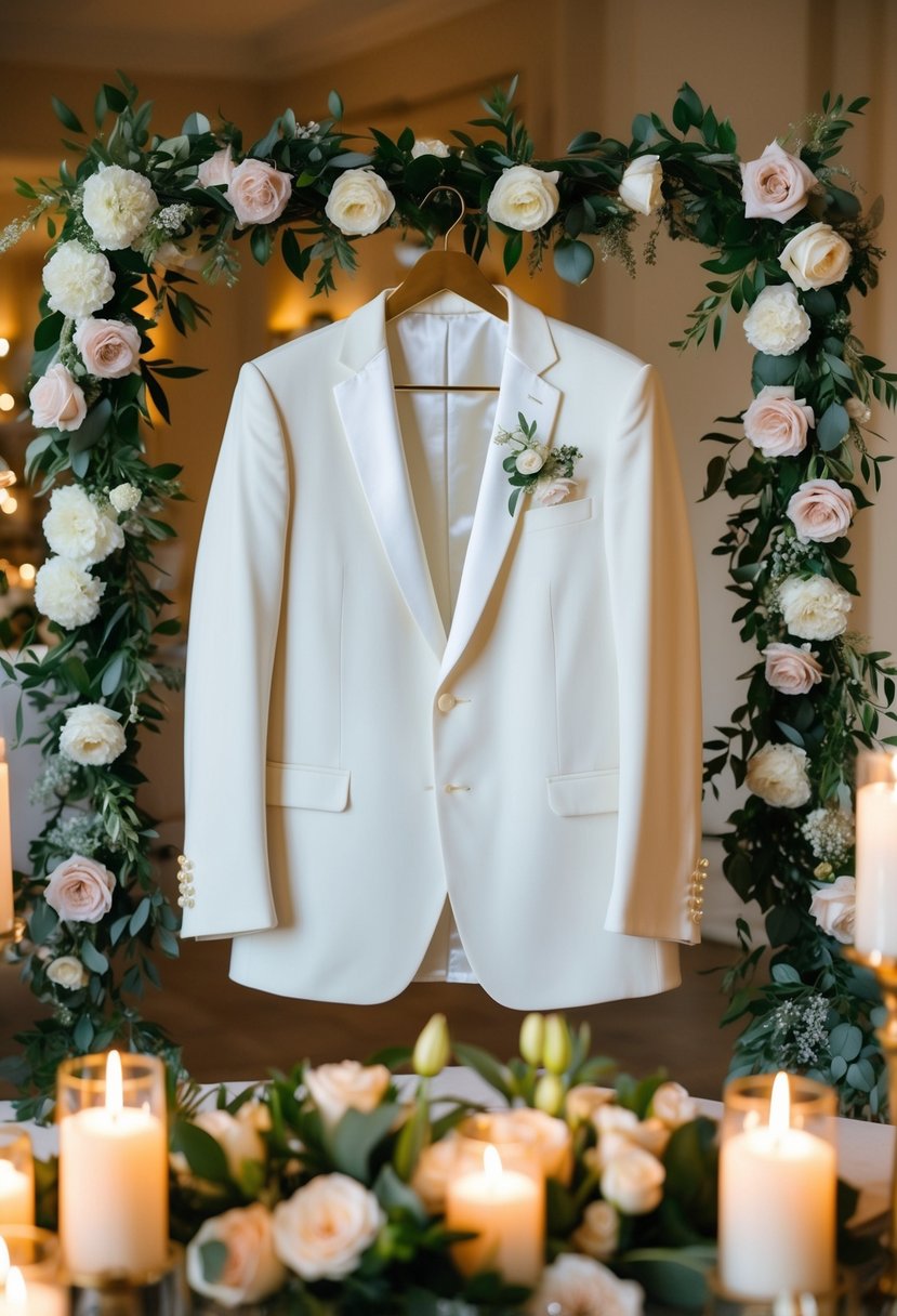 A sleek ivory dinner jacket hanging on a golden hanger, surrounded by elegant floral arrangements and soft candlelight