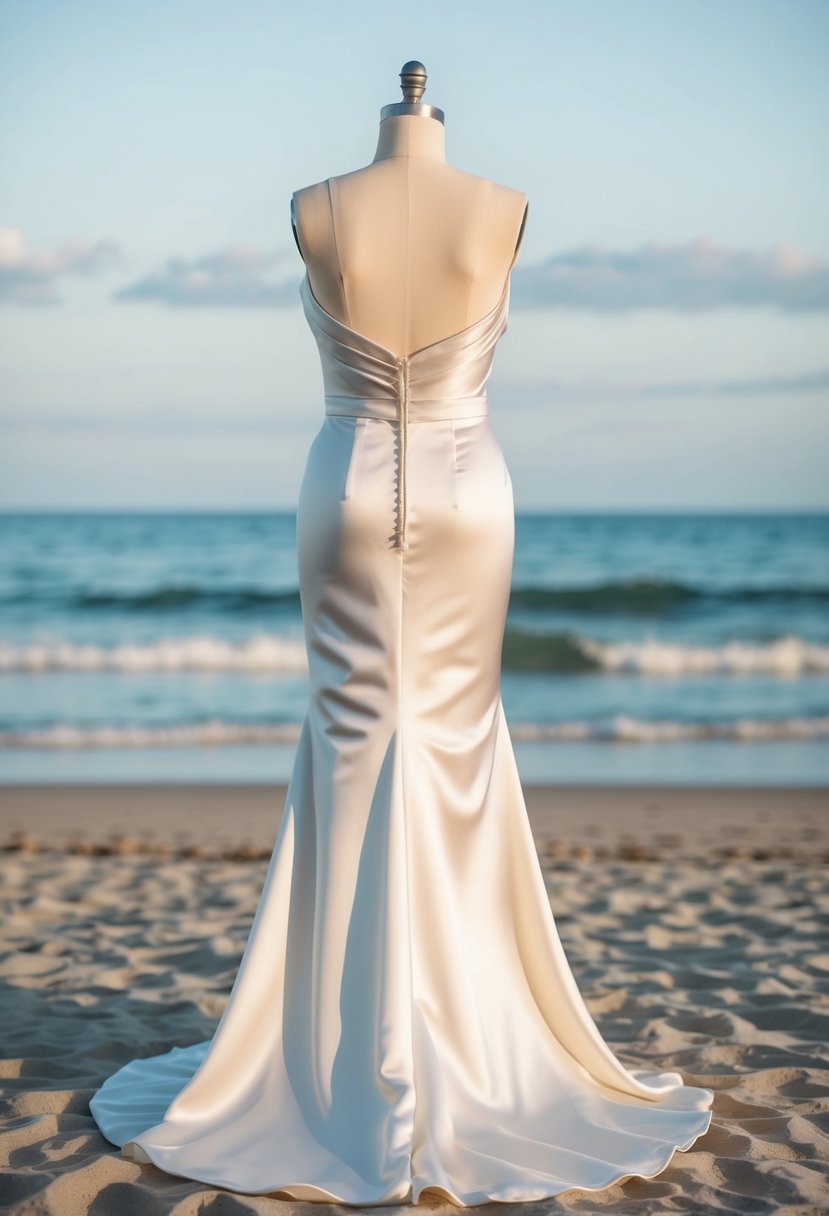 A flowing satin dress drapes elegantly off the shoulders, with the backdrop of a serene beach setting and gentle ocean waves