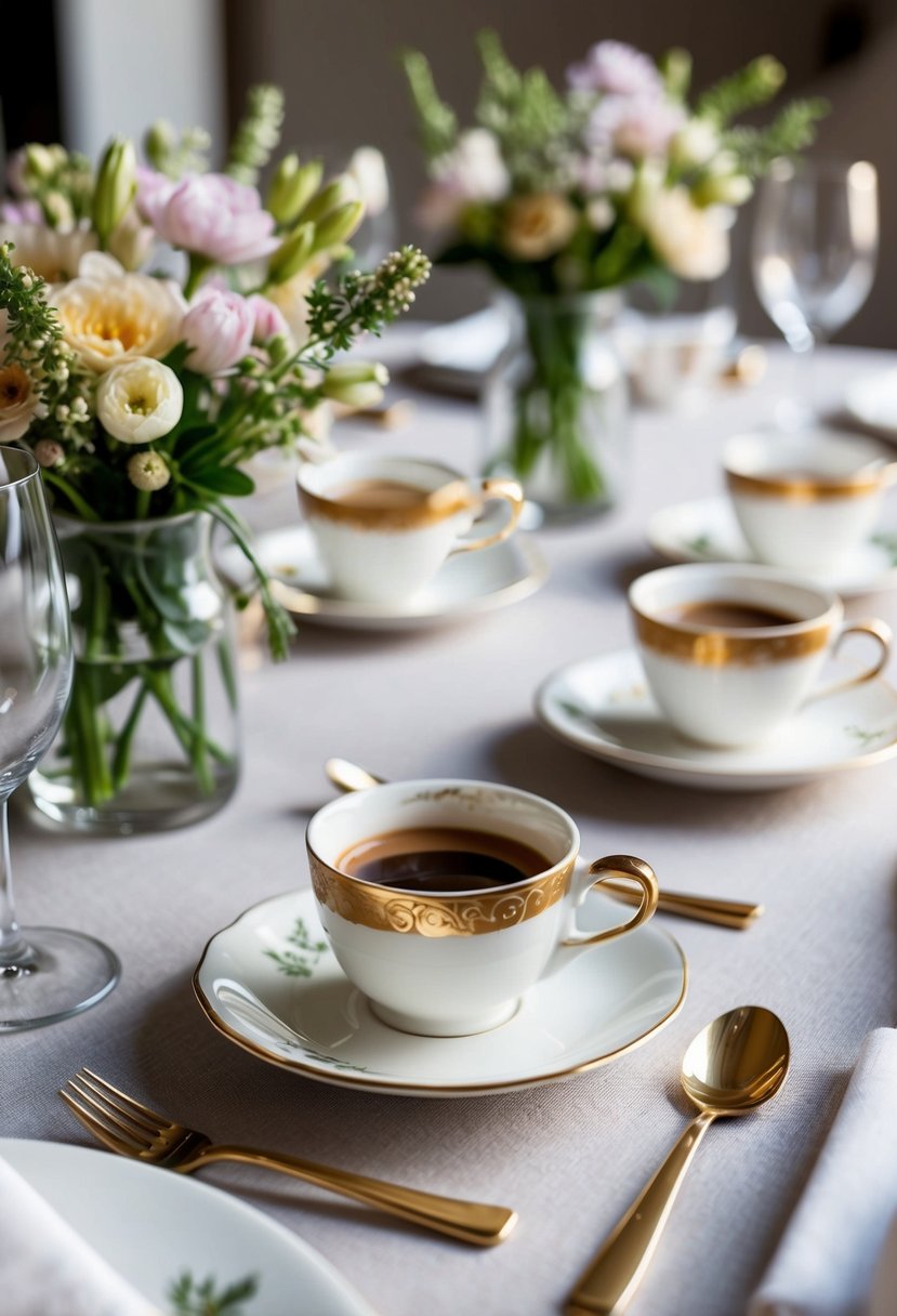 A table set with hand-painted espresso cups, surrounded by delicate flowers and elegant place settings