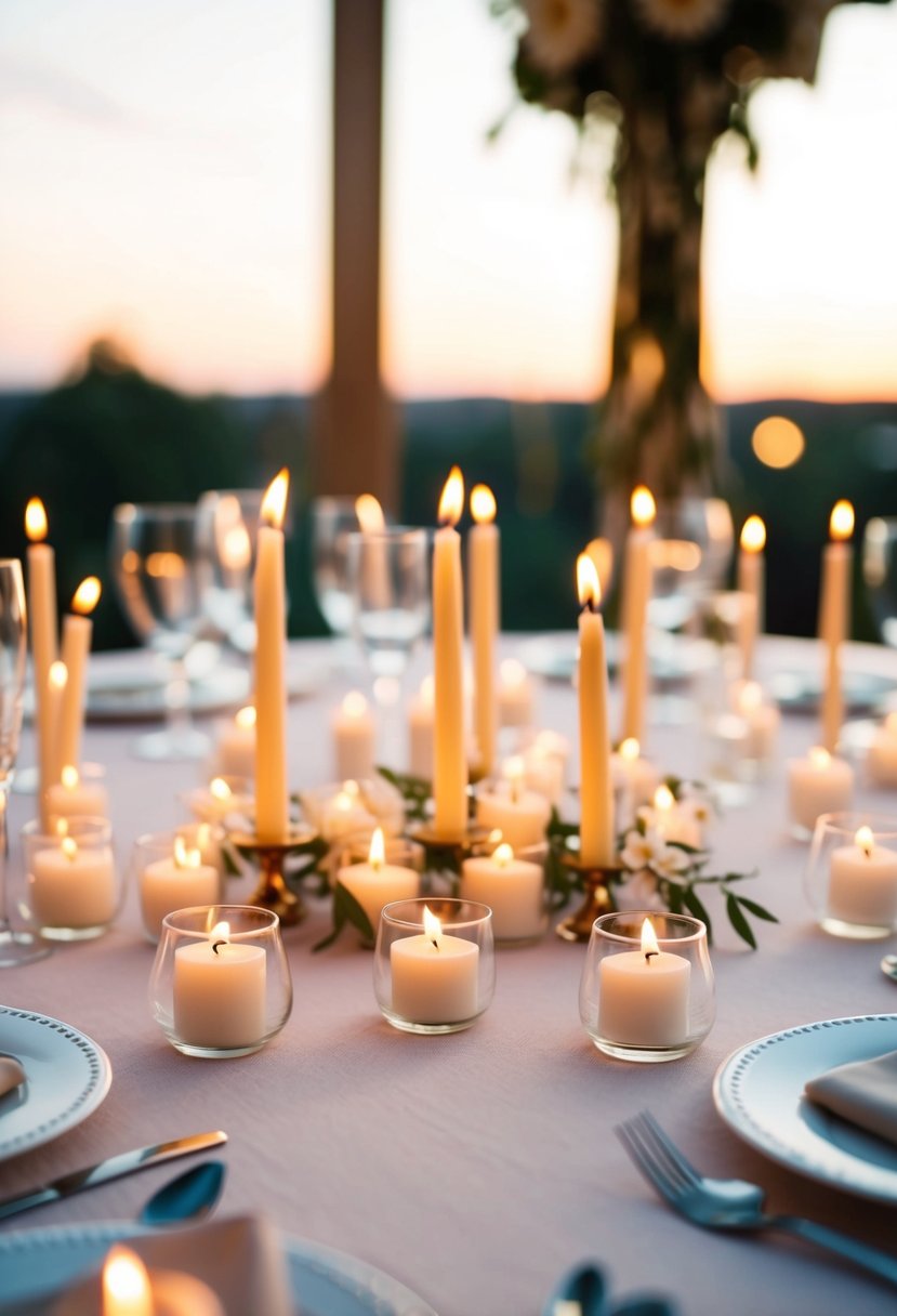 A table adorned with delicate miniature candles, arranged as wedding guest favors