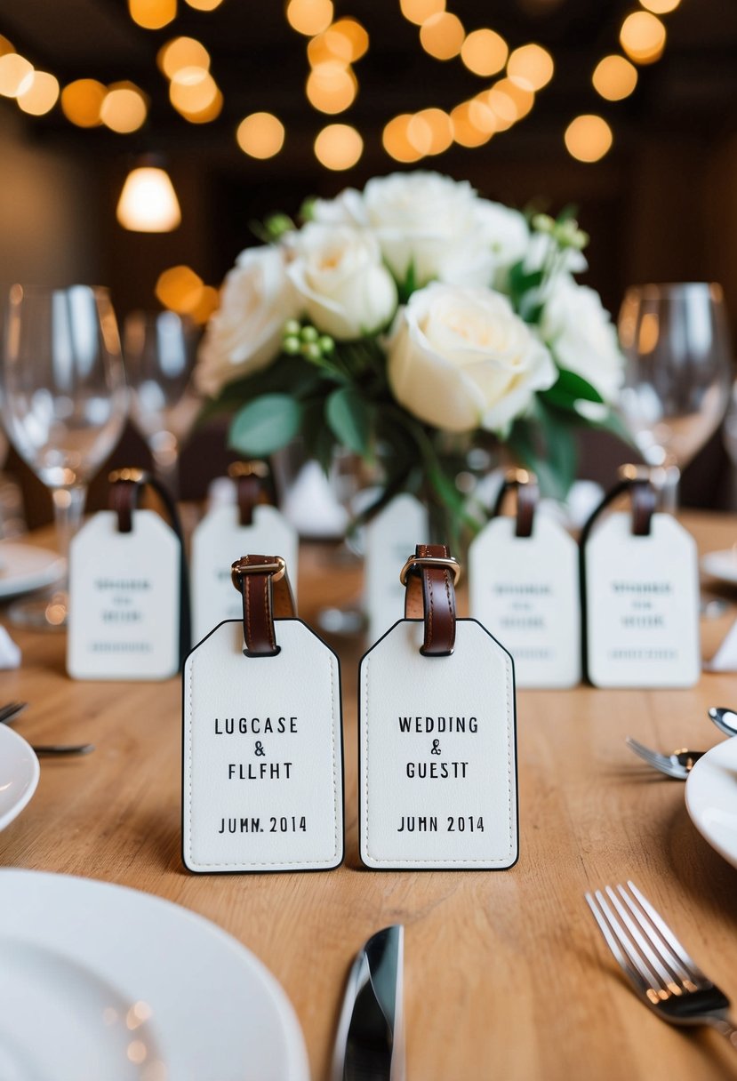 A table with custom luggage tags displayed as small wedding guest gifts