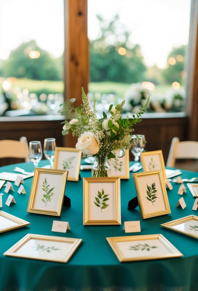 A table set with botanical prints in small frames, arranged as wedding guest favors