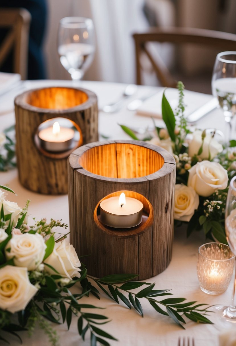 A rustic wooden tealight holder surrounded by delicate floral arrangements, set on a beautifully decorated wedding reception table