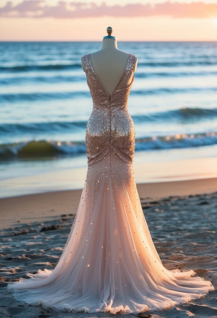 A flowing evening dress adorned with shimmering sequins, set against a tranquil beach backdrop with gentle waves and a colorful sunset