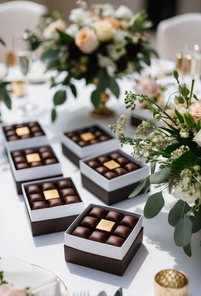 A table adorned with elegant boxes of artisanal chocolates, surrounded by delicate floral arrangements, ready to be given as wedding guest favors