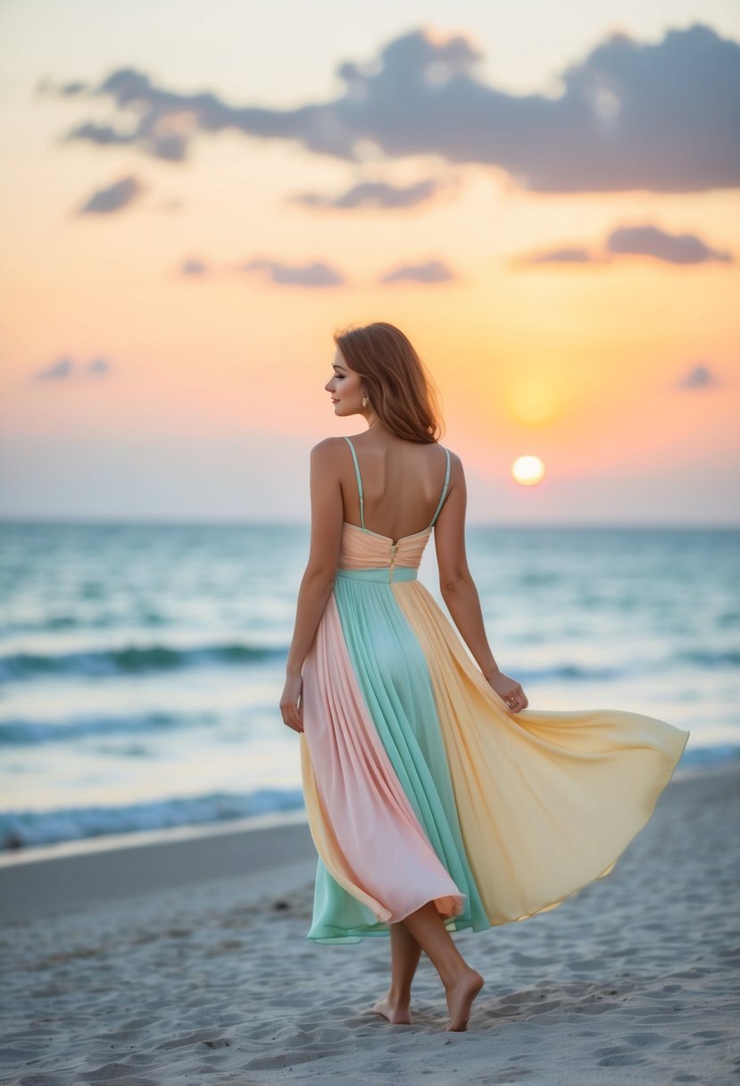 A flowing midi dress in soft pastel hues, gently swaying in the ocean breeze on a serene beach at sunset