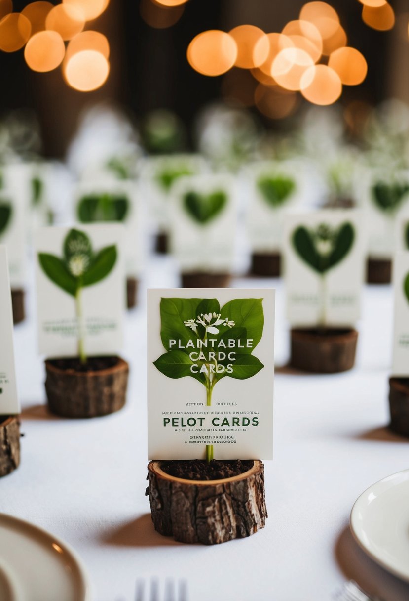 A table with plantable cards displayed as wedding guest favors