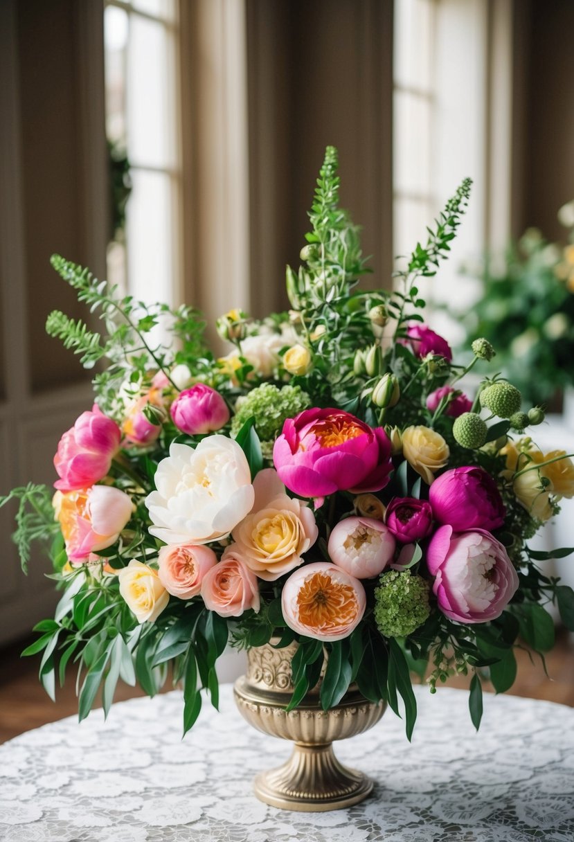 A lush, colorful bouquet of roses, peonies, and greenery arranged in an elegant vase on a lace-covered table