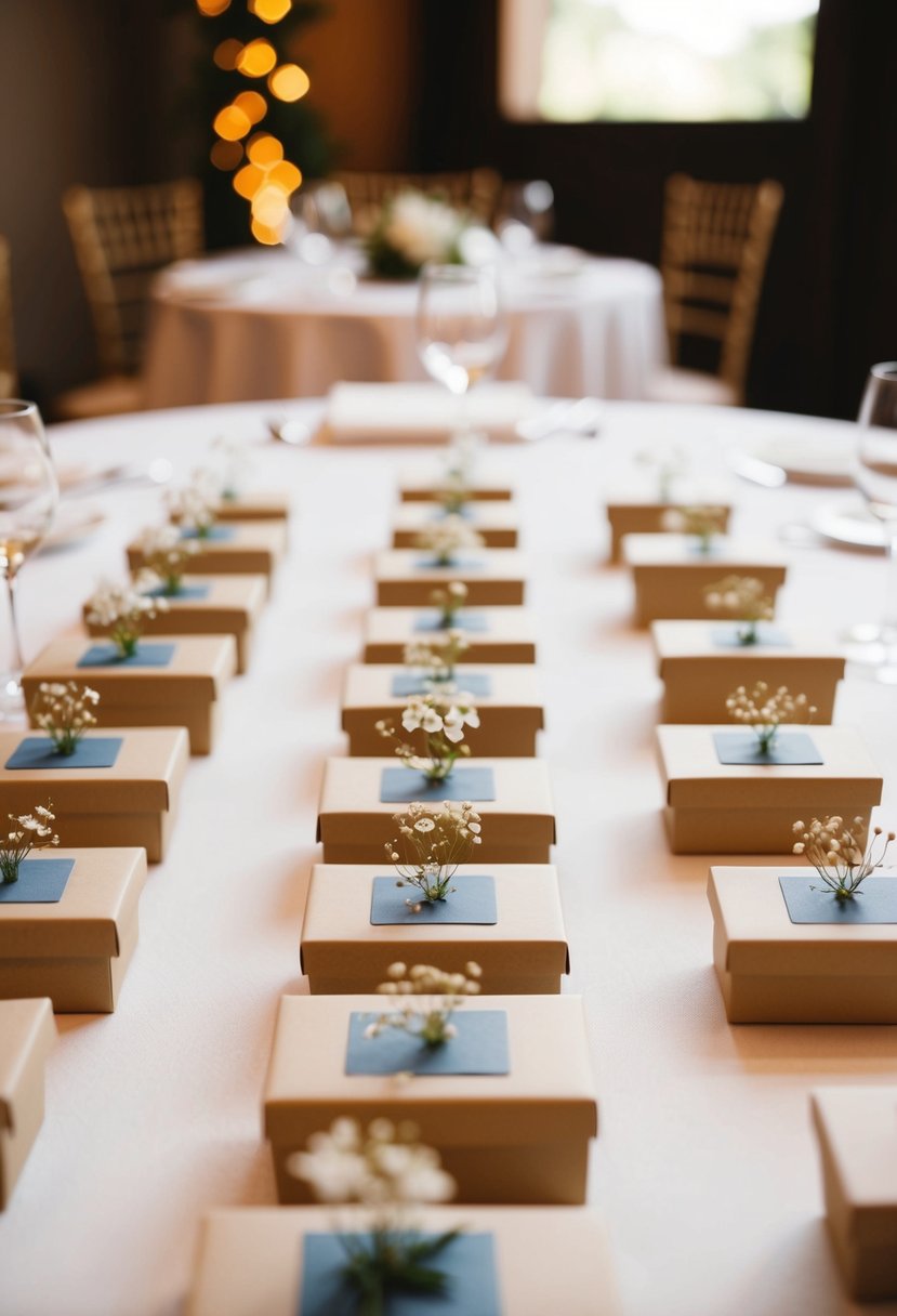 A table set with delicate pressed flowers in small gift boxes for wedding guests