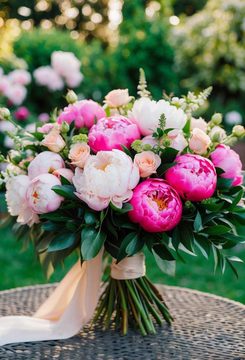 A lush garden bursting with peonies and roses, arranged in a beautiful bouquet for a wedding celebration