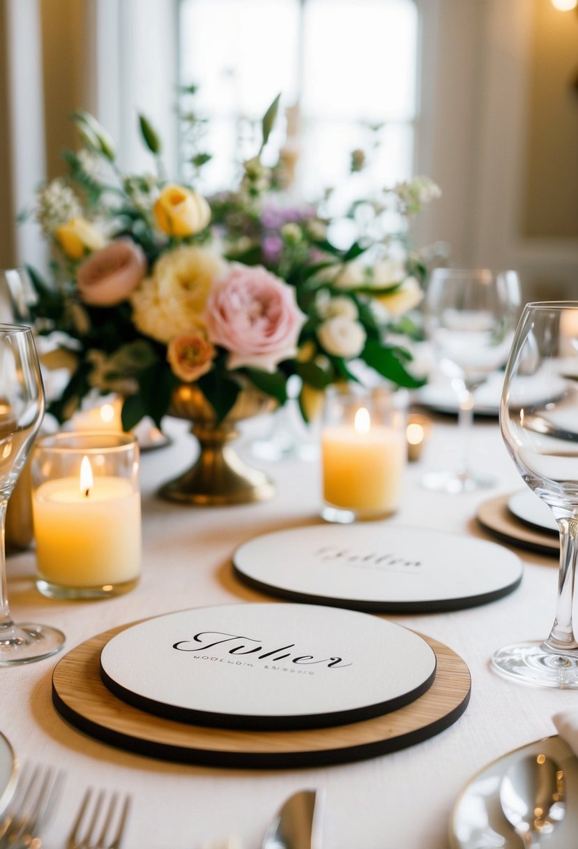 Custom coasters displayed on a table with elegant place settings, surrounded by floral centerpieces and soft candlelight