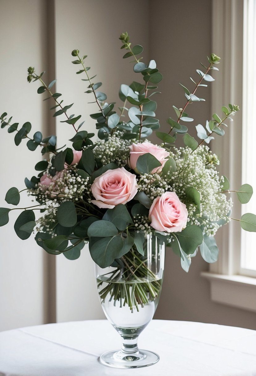 A tall glass vase holds a lush arrangement of eucalyptus and pink roses, with delicate baby's breath adding a soft touch