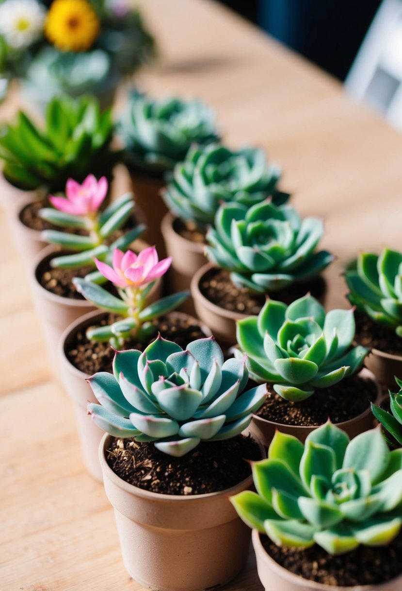 Mini succulents arranged in small pots, with delicate green leaves and colorful blooms, displayed as wedding guest favors