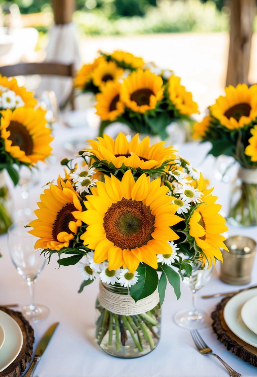 A table adorned with vibrant sunflower and daisy centerpieces, creating a cheerful and rustic atmosphere for a wedding celebration