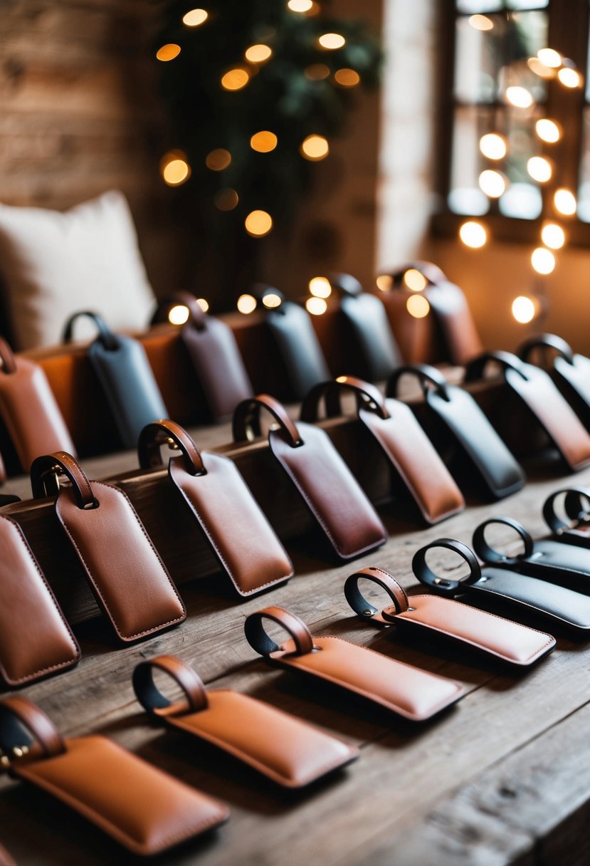 A display of quality leather luggage tags arranged on a rustic wooden table, with soft lighting casting a warm glow on the elegant gifts