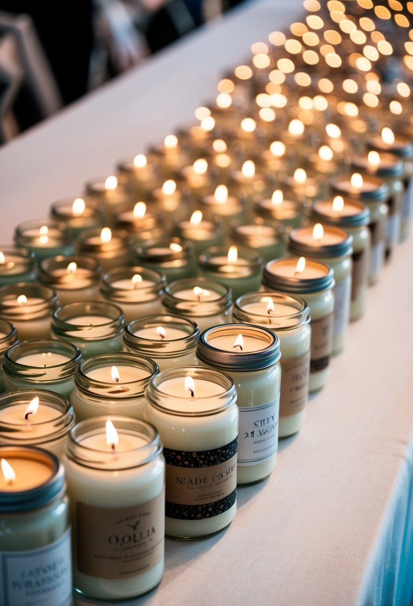 A table with rows of personalized candles in glass jars, each with a different design and scent, arranged neatly as wedding guest favors