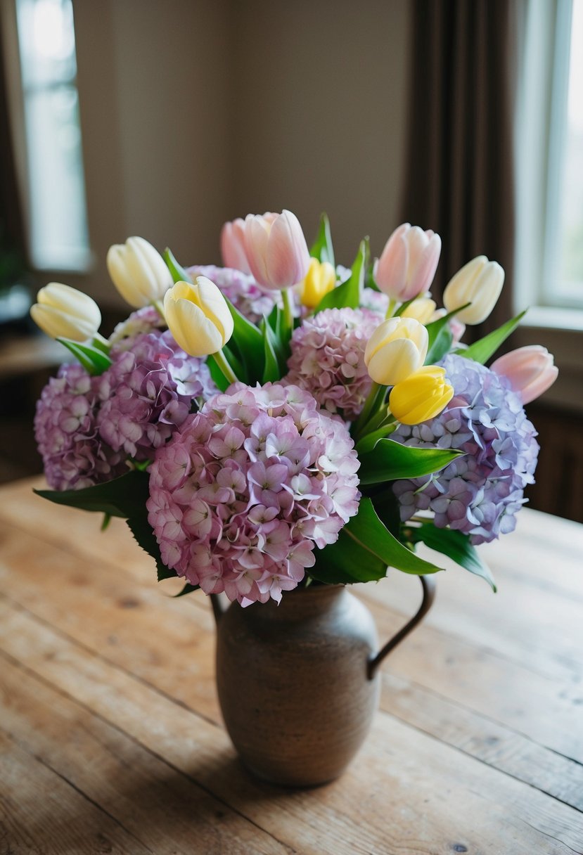 A lush bouquet of hydrangeas and tulips in soft pastel colors, arranged in a rustic vase on a wooden table