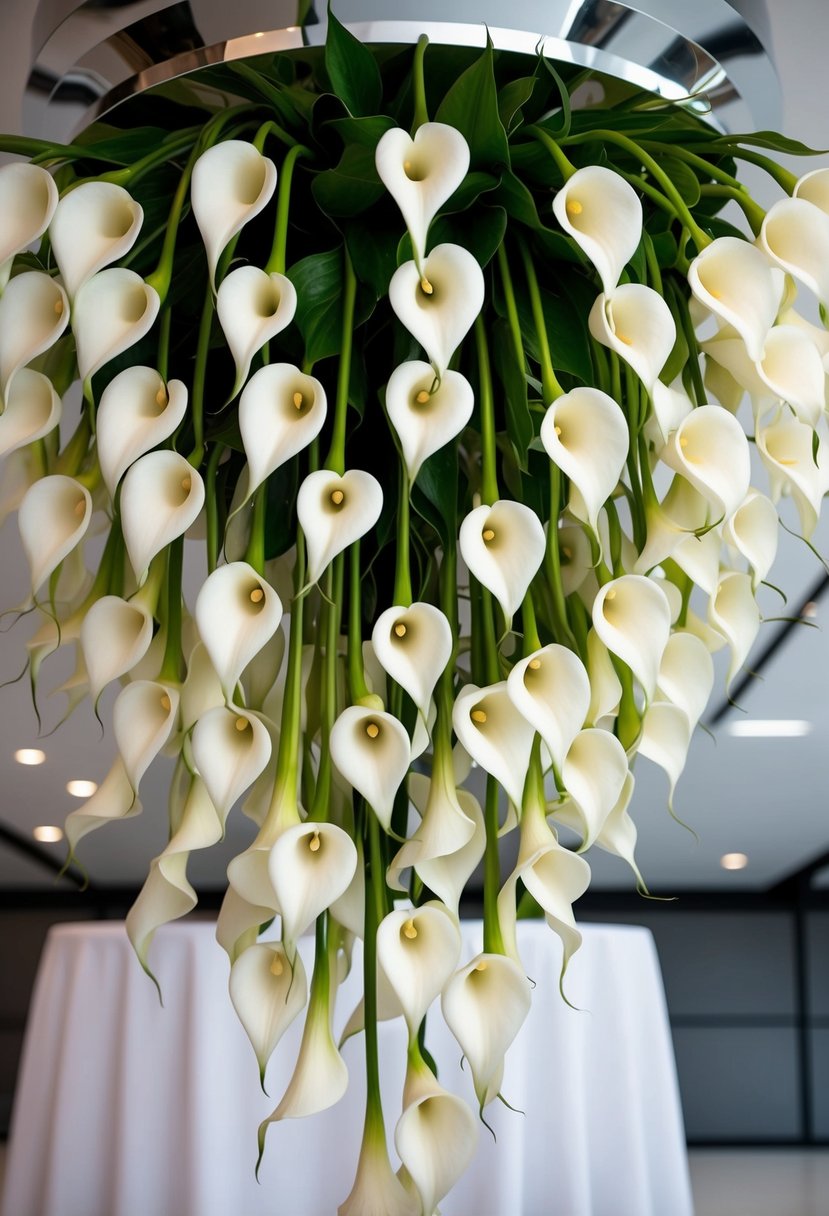 A cascading arrangement of calla lilies, with long stems and elegant white blooms, draping over a sleek, modern wedding table