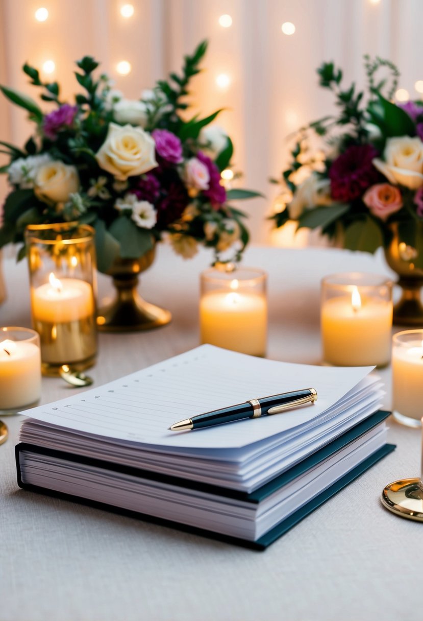 A table with an elegant pen and a stack of blank pages, surrounded by floral arrangements and candles, set against a backdrop of soft, romantic lighting