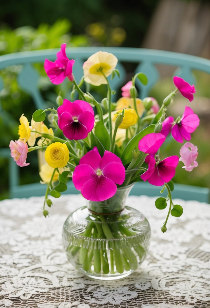 A vibrant arrangement of sweet peas and ranunculus in a glass vase on a lace-covered table