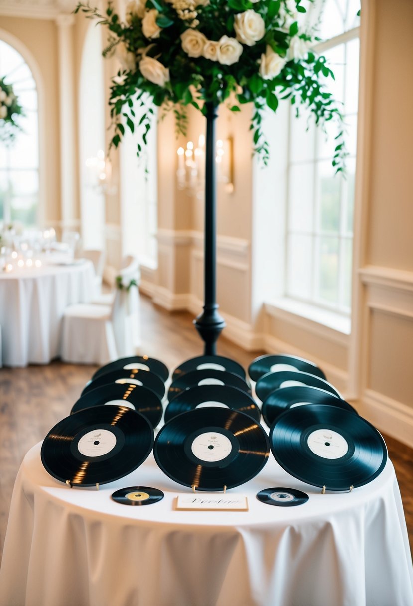 A table with personalized vinyl records arranged as a guest book, surrounded by elegant wedding decor