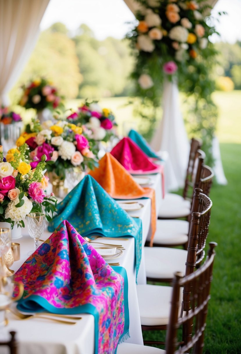 A table adorned with colorful floral shawls, surrounded by wedding decor and fresh blooms