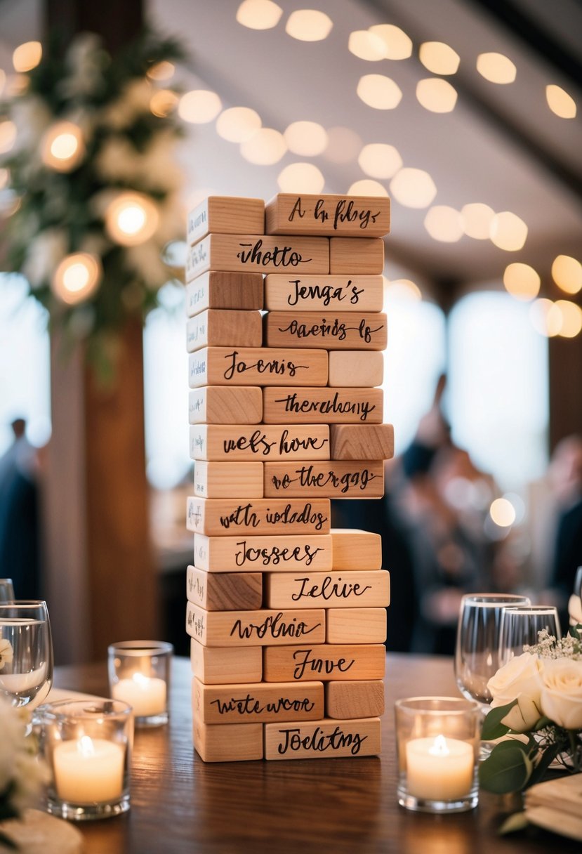 A stack of Jenga blocks with handwritten messages, surrounded by wedding decor