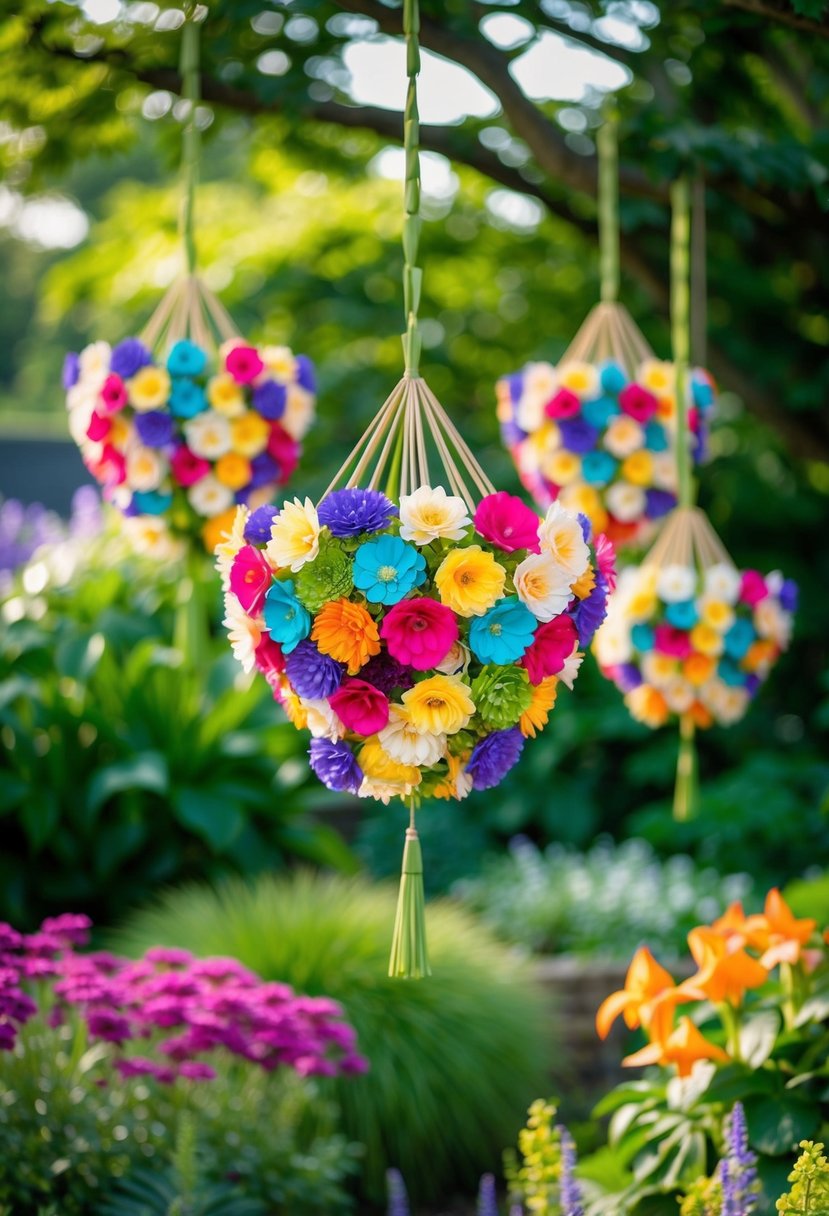 A lush garden with hanging origami chandeliers made of colorful flowers and greenery