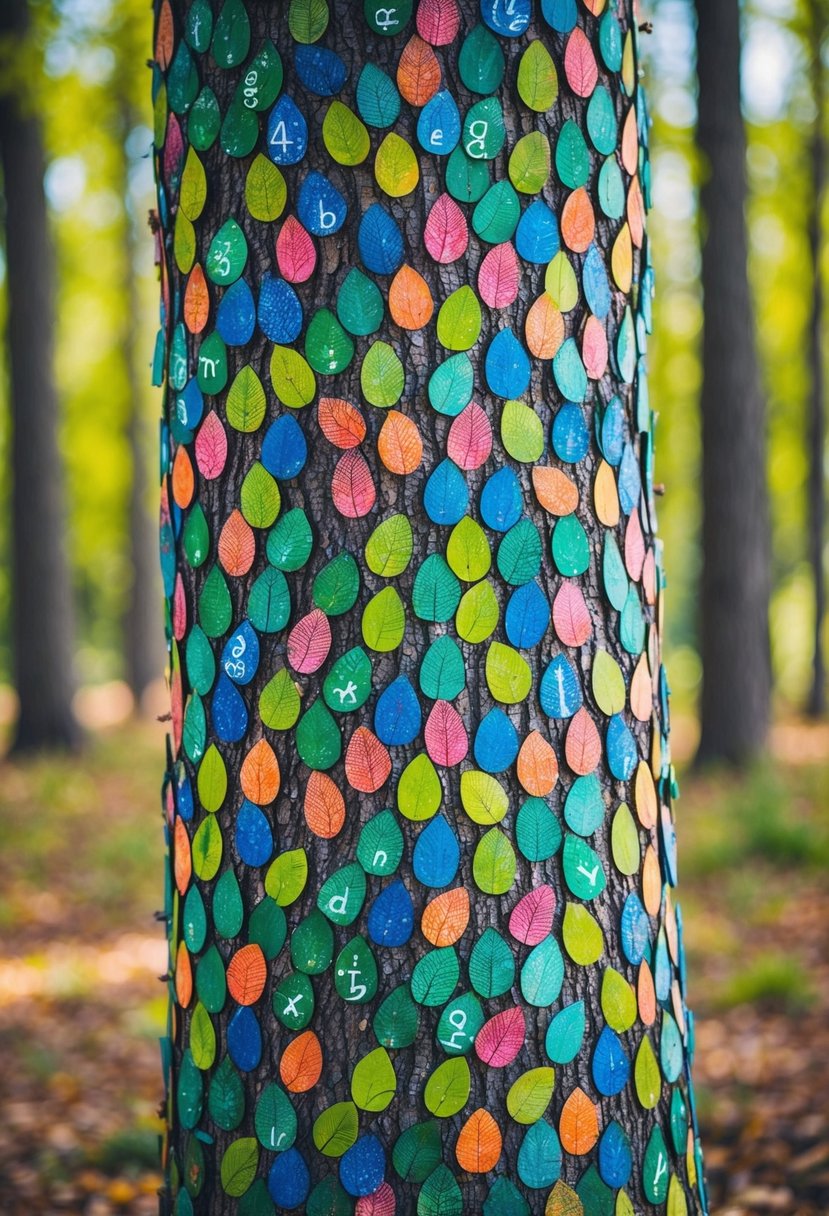 A tree trunk covered in colorful fingerprints, arranged to resemble leaves, with small initials or symbols scattered throughout