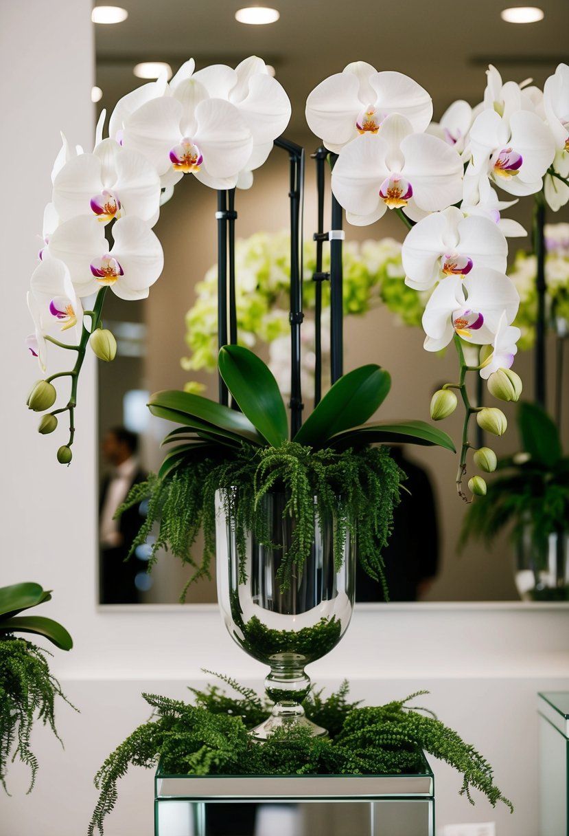 A monochromatic orchid display with cascading blooms and lush greenery, arranged in a tall glass vase atop a mirrored pedestal