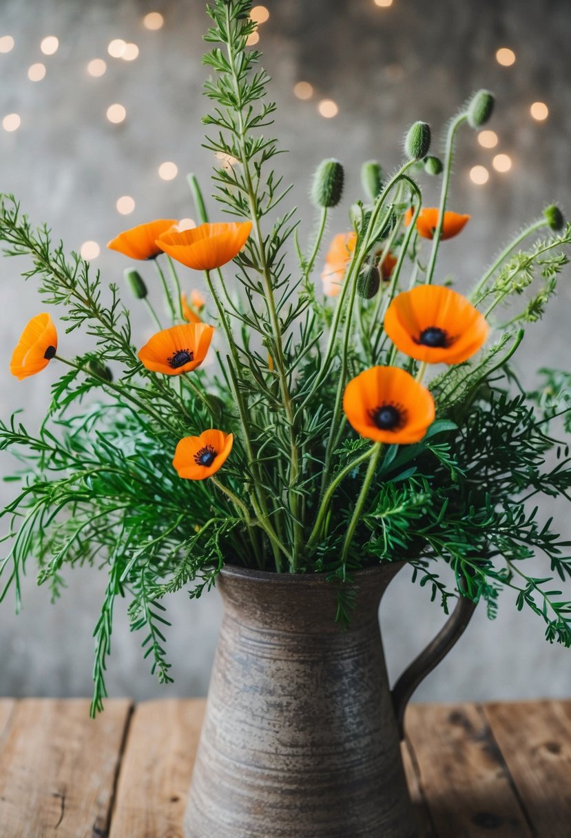 A vibrant bouquet of yarrow and poppy flowers, with textured greenery, arranged in a rustic vase