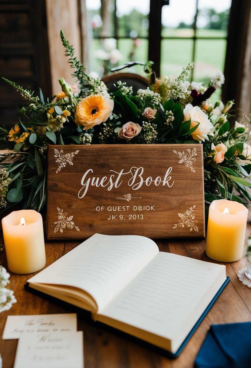 A rustic wooden plaque sits on a table, surrounded by floral arrangements and candles, ready to be used as a guest book for a wedding