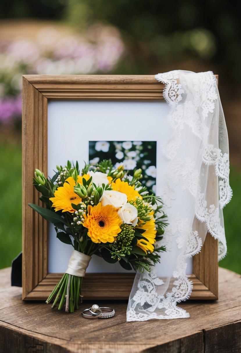 A bouquet of flowers, a pair of wedding rings, and a lace veil arranged on a vintage wooden photo frame