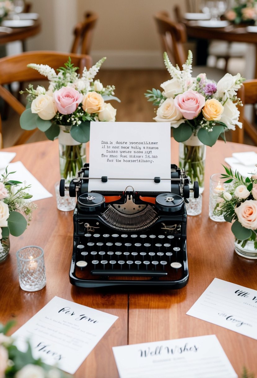 A vintage typewriter sits on a wooden table surrounded by floral arrangements and elegant stationery, ready for guests to leave their well wishes for the newlyweds