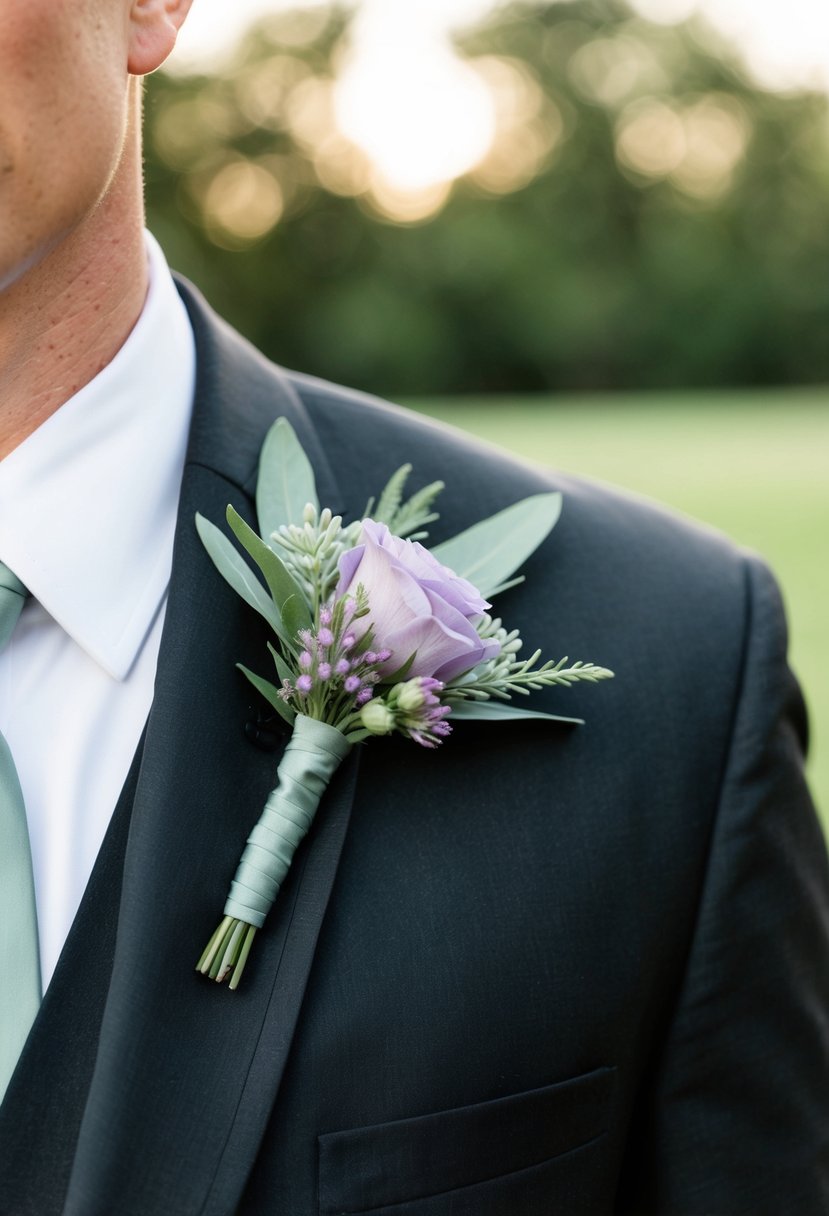 A sage green and lavender boutonniere pinned to a sleek black suit lapel