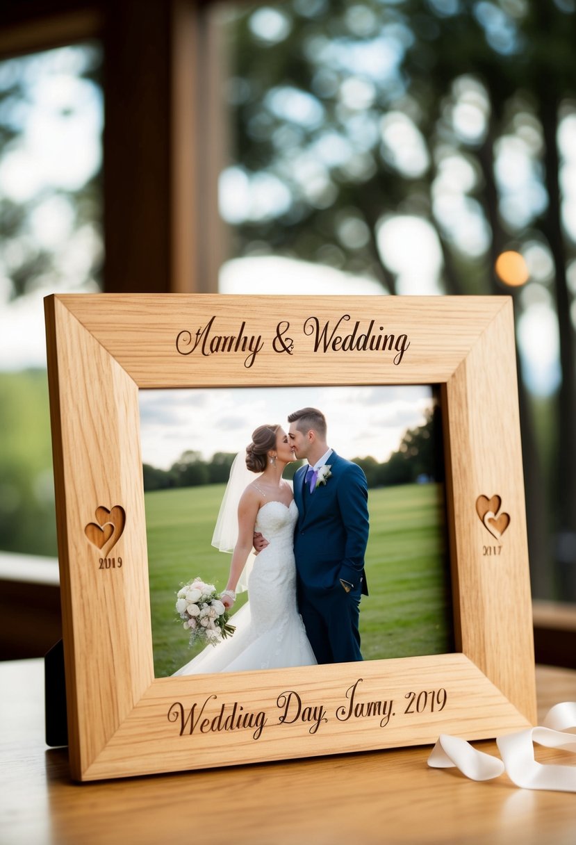 A wooden frame with the couple's wedding date engraved, surrounding a photo of the wedding day