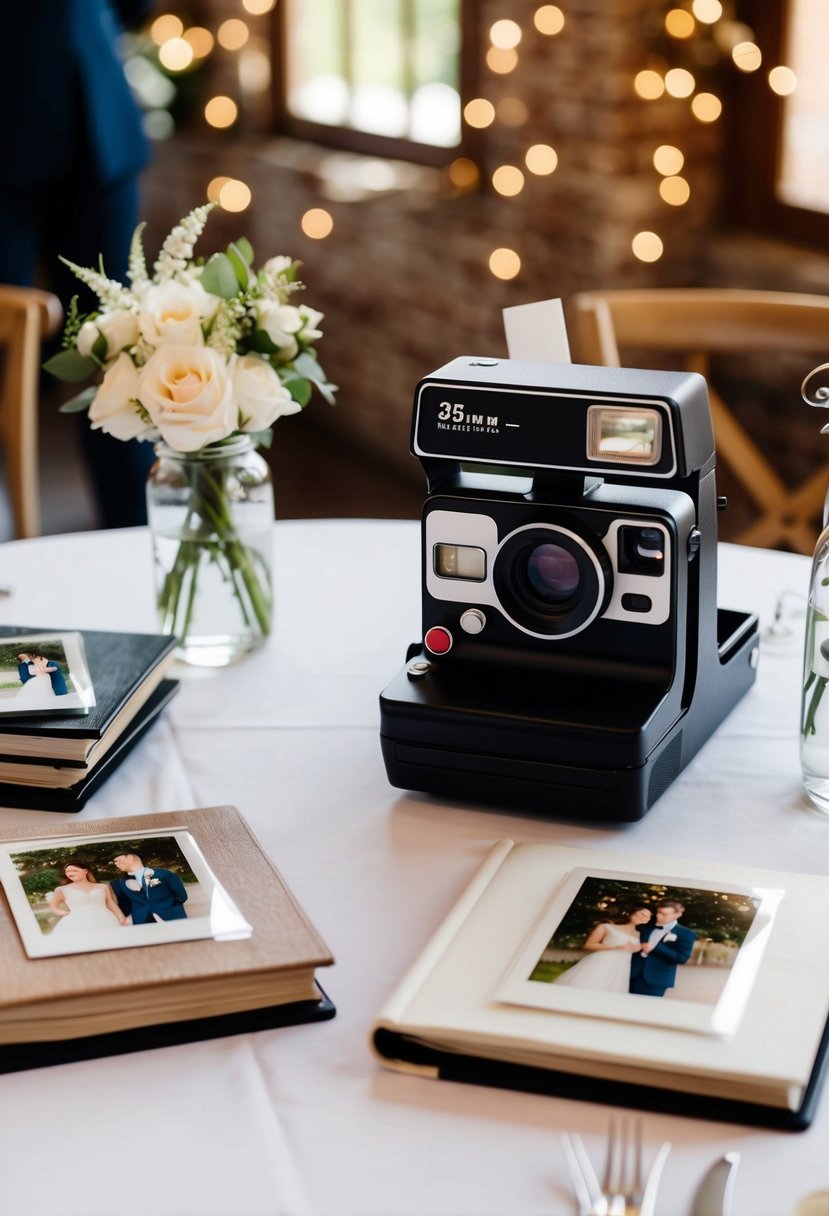 A table with a vintage instant photo camera, albums, and props for guests to create a personalized photo guest book at a wedding