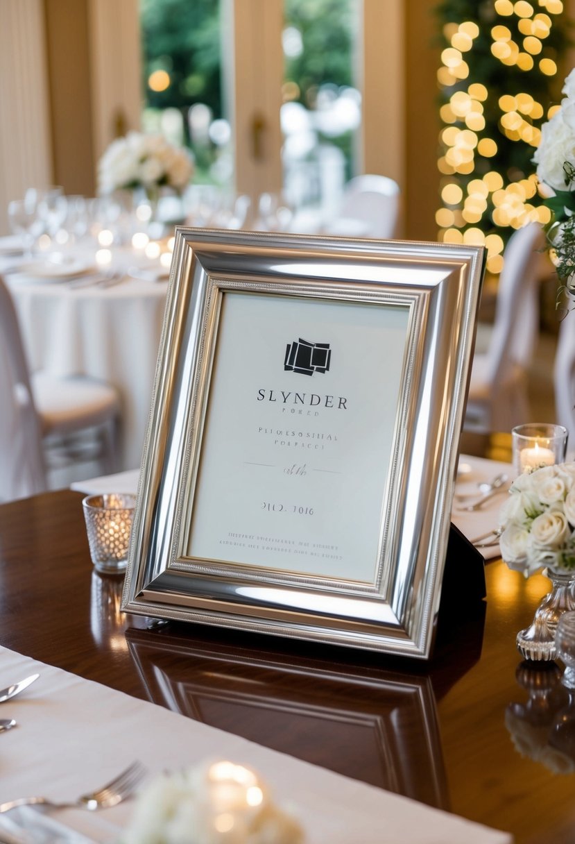 A silver-plated frame sits on a polished wooden table, surrounded by elegant wedding decor and soft lighting