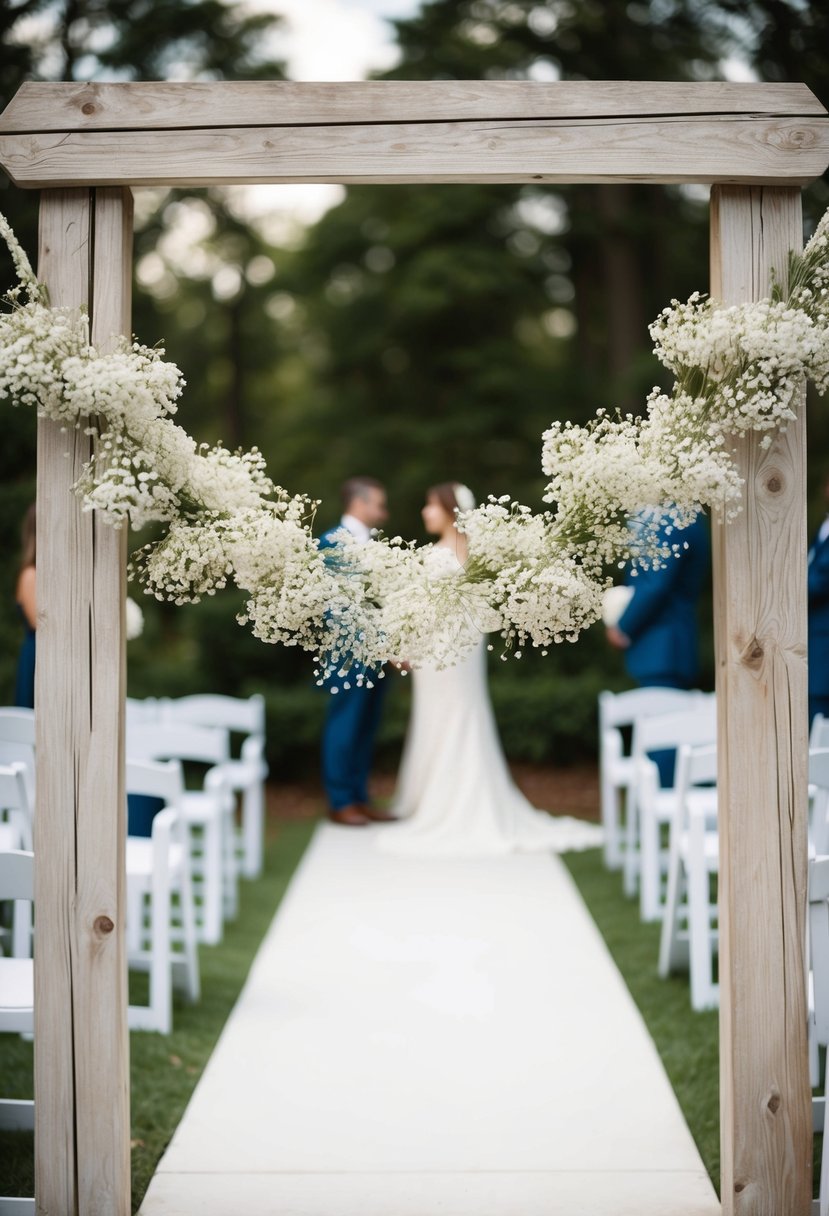 A delicate Baby's Breath Garland drapes across a rustic wooden archway, framing a serene outdoor wedding ceremony