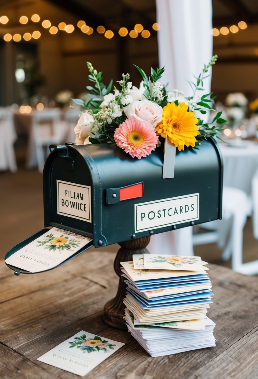 A vintage mailbox adorned with flowers, surrounded by a stack of postcards, set against a backdrop of a rustic wedding venue