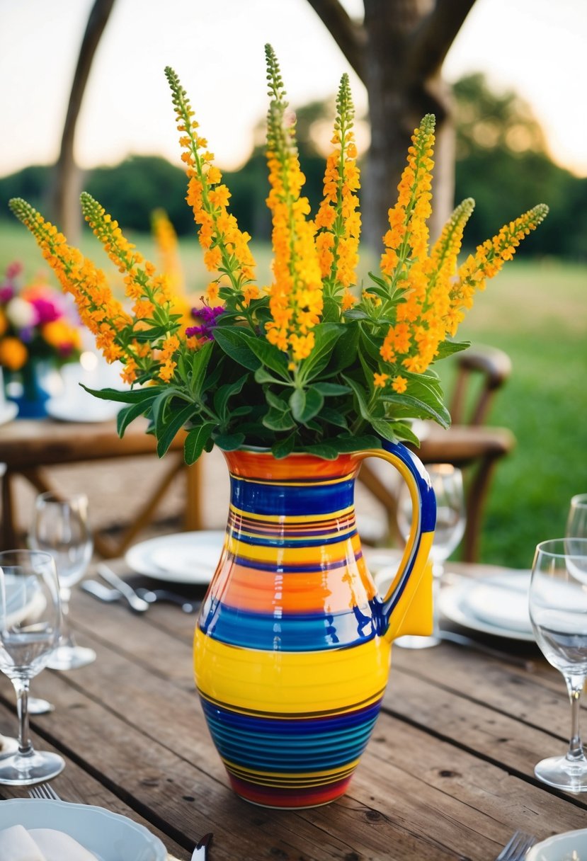 A colorful vase filled with verbena flowers stands on a rustic wooden table at an outdoor wedding reception. The vibrant blooms add a pop of color to the natural setting