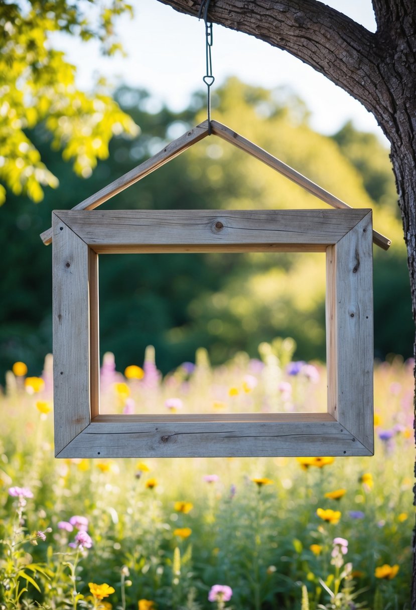 A weathered barnwood frame hanging from a tree, surrounded by wildflowers and dappled sunlight