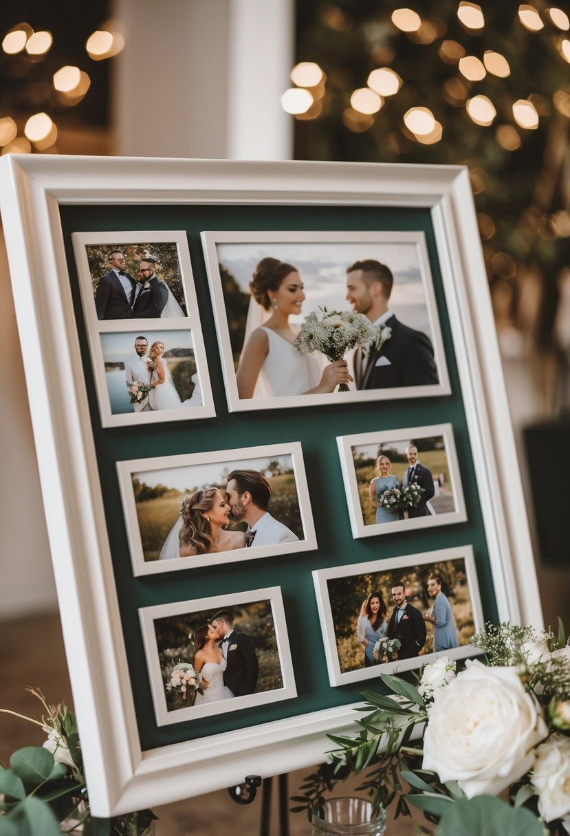 A collage picture frame with multiple slots displaying various wedding photo ideas