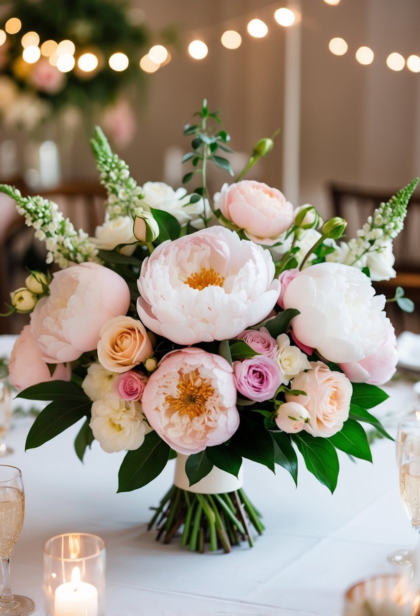 A lush bouquet of peonies and roses arranged in a delicate, romantic wedding centerpiece