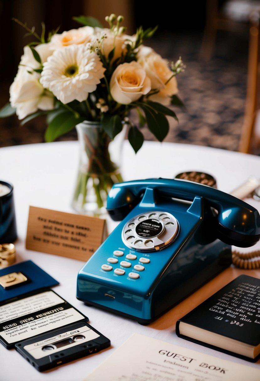 A vintage phone sits on a table, surrounded by wedding memorabilia. Messages are recorded onto a cassette tape, adding a nostalgic touch to the guest book