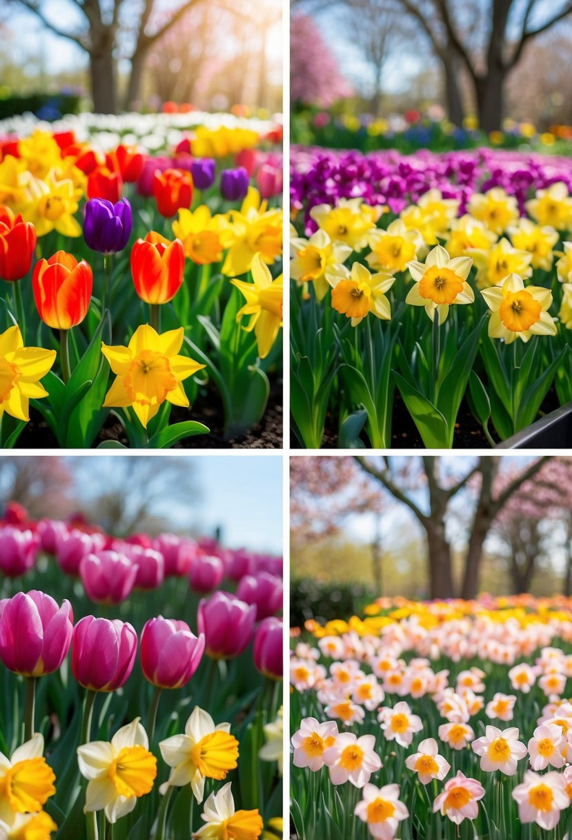 A colorful array of blooming flowers in a spring garden, including tulips, daffodils, and cherry blossoms