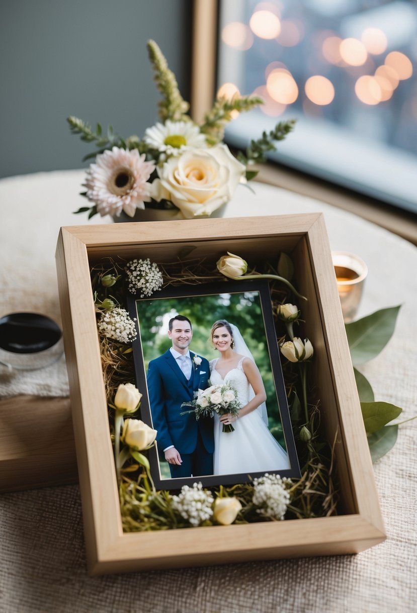 A shadow box frame holds preserved flowers and a wedding photo