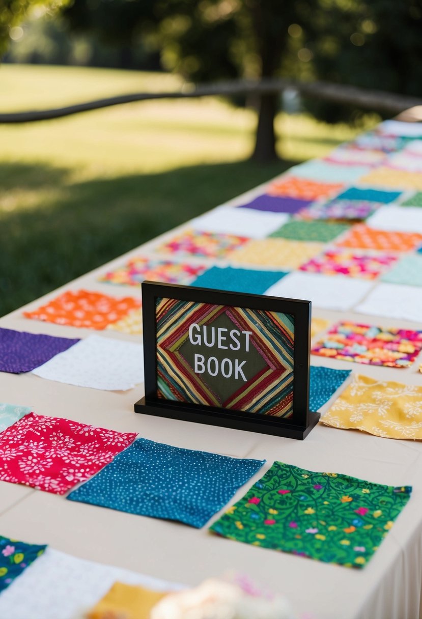 A table covered in colorful quilt fabric squares, arranged as a guest book alternative for a wedding